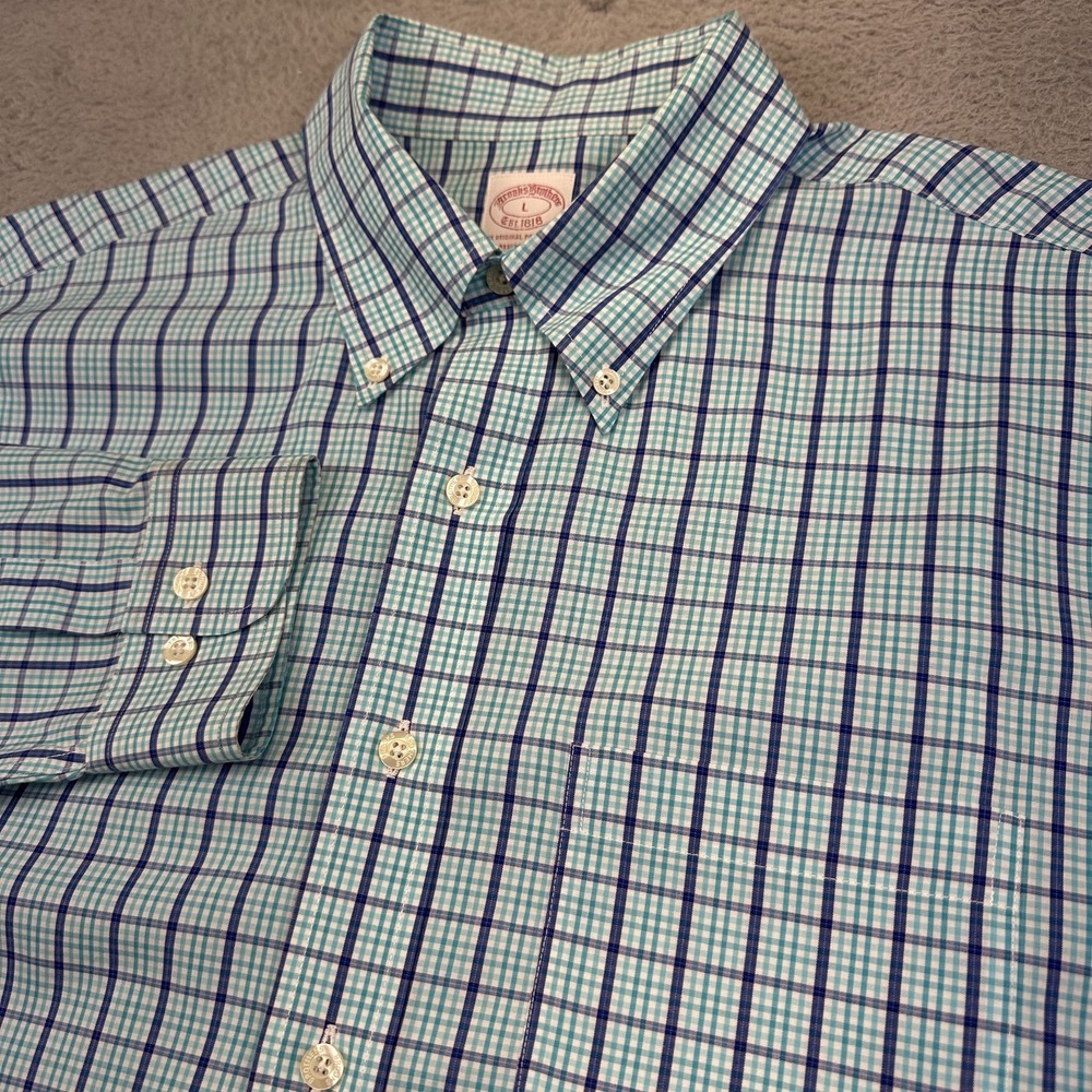 Brooks Brothers Shirt Mens Large Blue Green Plaid Button Down Regular Fit Cotton